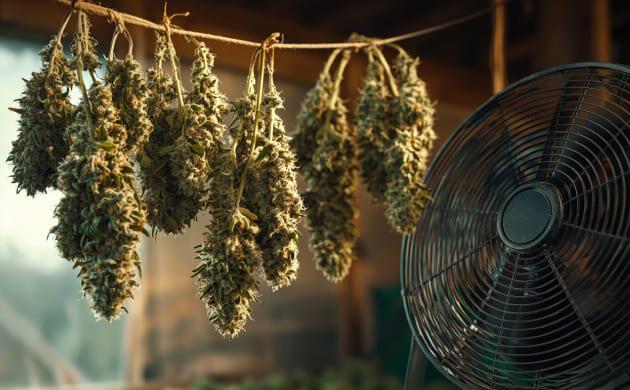Вентилятор обдувает шишки конопли